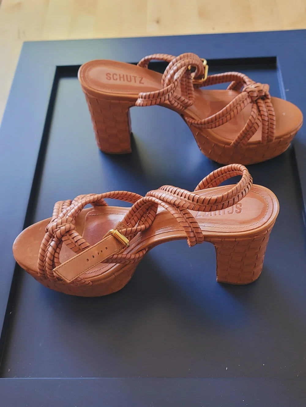 SCHUTZ Kareena Woven Tan Braided Knot Platform Heels